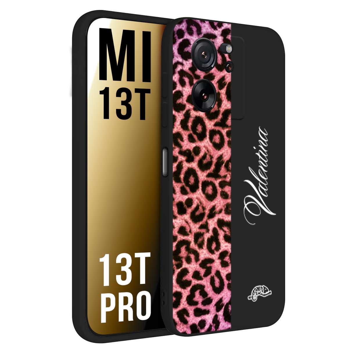 CUSTOMIZZA - Custodia cover nera morbida in tpu compatibile per Xiaomi 13T - 13T PRO leopardato rosa fucsia personalizzata nome iniziali