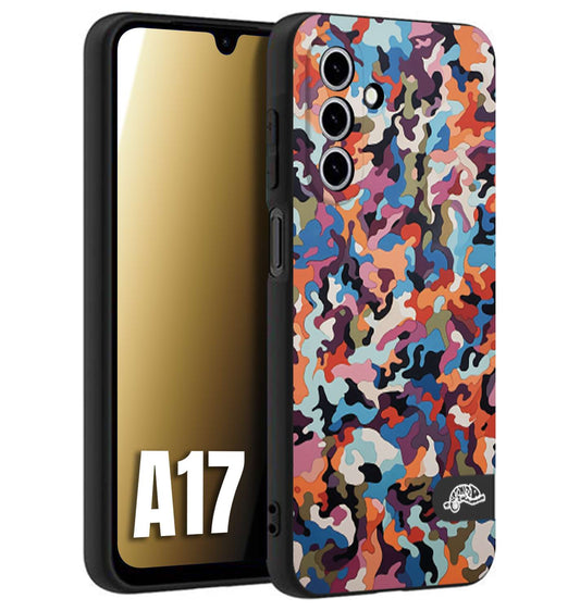 CUSTOMIZZA - Custodia cover nera morbida in tpu compatibile per Samsung A17 camouflage mimetico militare moderno blu arancio rosa