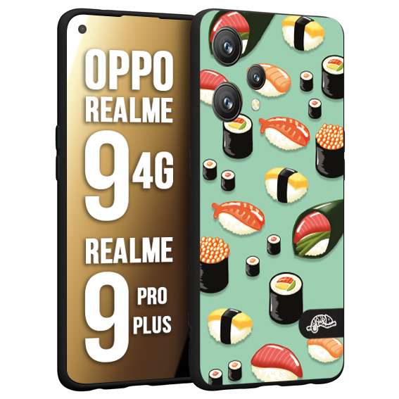 CUSTOMIZZA - Custodia cover nera morbida in tpu compatibile per Oppo Realme 9 4G - 9 PRO PLUS sushi disegni giapponese nighiri acquamarina verde