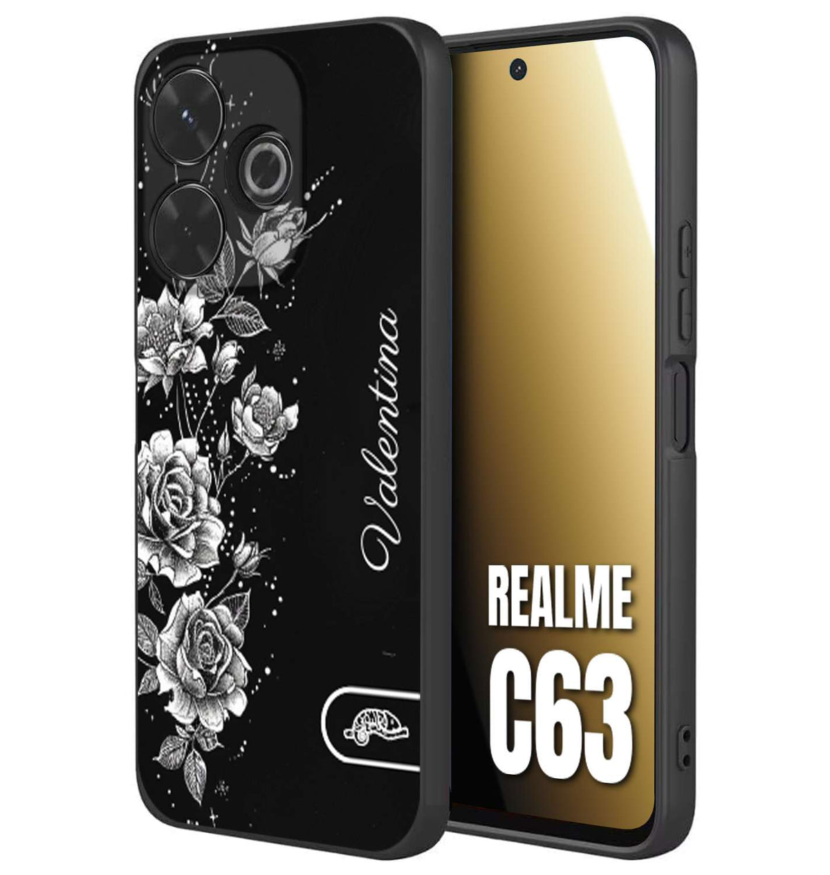 CUSTOMIZZA - Custodia cover nera morbida in tpu compatibile per Realme C63 personalizzata rilievo soft touch nome rose fiori donna