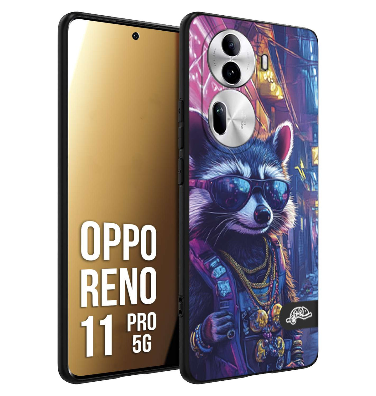 CUSTOMIZZA - Custodia cover nera morbida in tpu compatibile per Oppo Reno 11 PRO 5G animali simpatici cyberpunk procione racoon street cat fucsia blu giallo