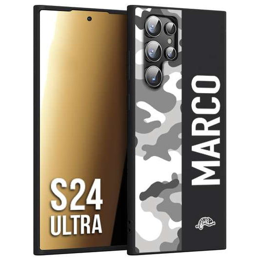 CUSTOMIZZA - Custodia cover nera morbida in tpu compatibile per Samsung S24 ULTRA camouflage mimetico militare personalizzata nome bianco