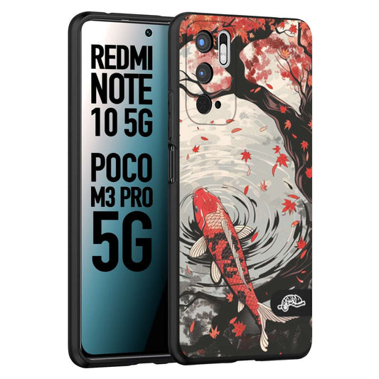 CUSTOMIZZA - Custodia cover nera morbida in tpu compatibile per Xiaomi Redmi Note 10 5G - Poco M3 Pro 5G giapponese lago carpa koi rossa con foglie d'acero rosso disegnata tattoo