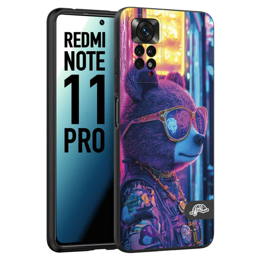 CUSTOMIZZA - Custodia cover nera morbida in tpu compatibile per Xiaomi Redmi Note 11 PRO animali cyberpunk orsetto orso street bear fucsia blu night