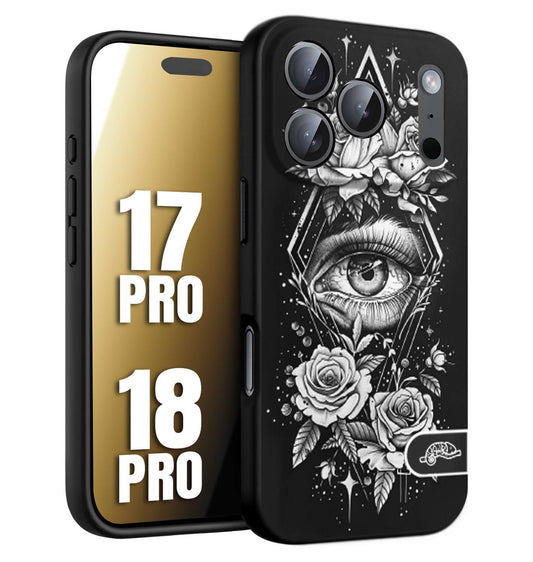 CUSTOMIZZA - Custodia cover nera morbida in tpu compatibile per iPhone 17 PRO - 18 PRO occhio fiori rombo geometrico black and white bianco a rilievo disegnato tattoo tatuaggio
