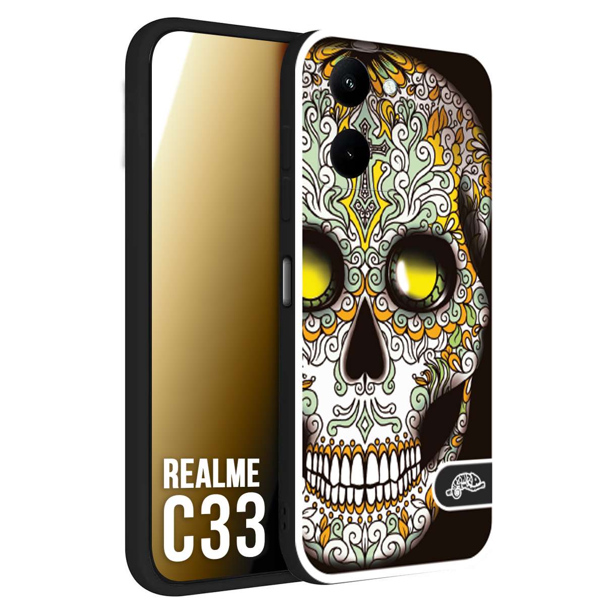 CUSTOMIZZA - Custodia cover nera morbida in tpu compatibile per Oppo Realme C33 teschio messicano Mexican skull bianco verde giallo