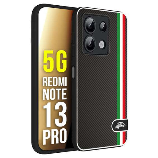 CUSTOMIZZA - Custodia cover nera morbida in tpu compatibile per Xiaomi Redmi Note 13 PRO 5G effetto fibra di carbonio bandiera Italia made in Italy