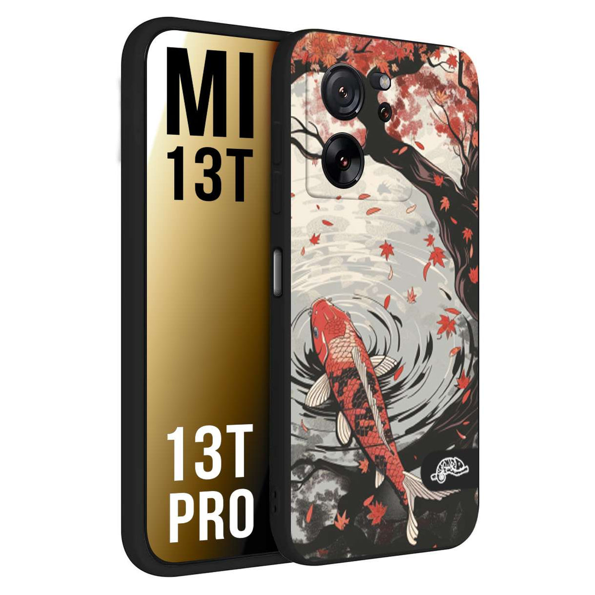 CUSTOMIZZA - Custodia cover nera morbida in tpu compatibile per Xiaomi 13T - 13T PRO giapponese lago carpa koi rossa con foglie d'acero rosso disegnata tattoo
