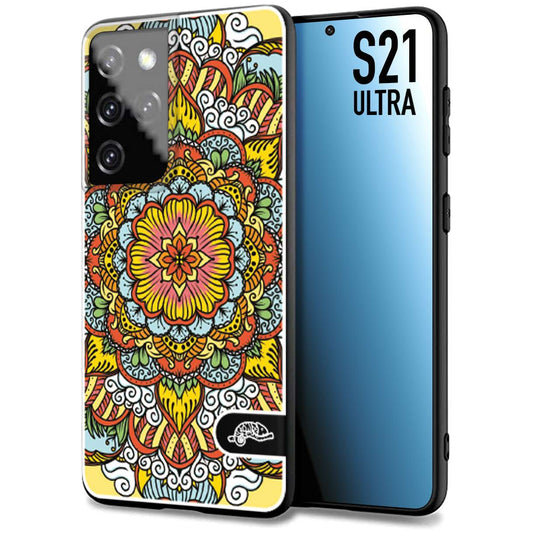 CUSTOMIZZA - Custodia cover nera morbida in tpu compatibile per Samsung S21 ULTRA mandala colorato fiore nuvole arancione