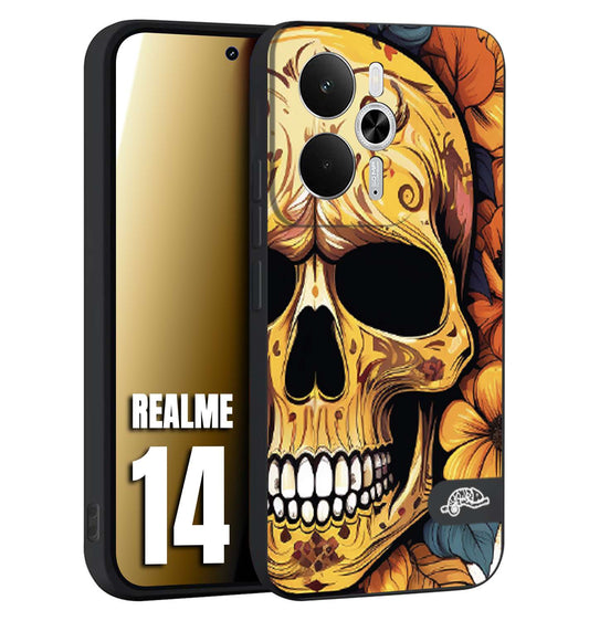 CUSTOMIZZA - Custodia cover nera morbida in tpu compatibile per Realme 14 5G teschio messicano colorato dorato fiori autunnali disegnato