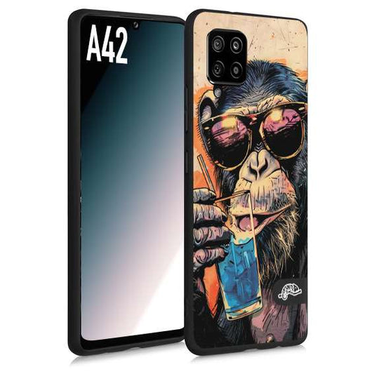 CUSTOMIZZA - Custodia cover nera morbida in tpu compatibile per Samsung A42 estate disegnata cocktails animali simpatici scimmia monkey negroni