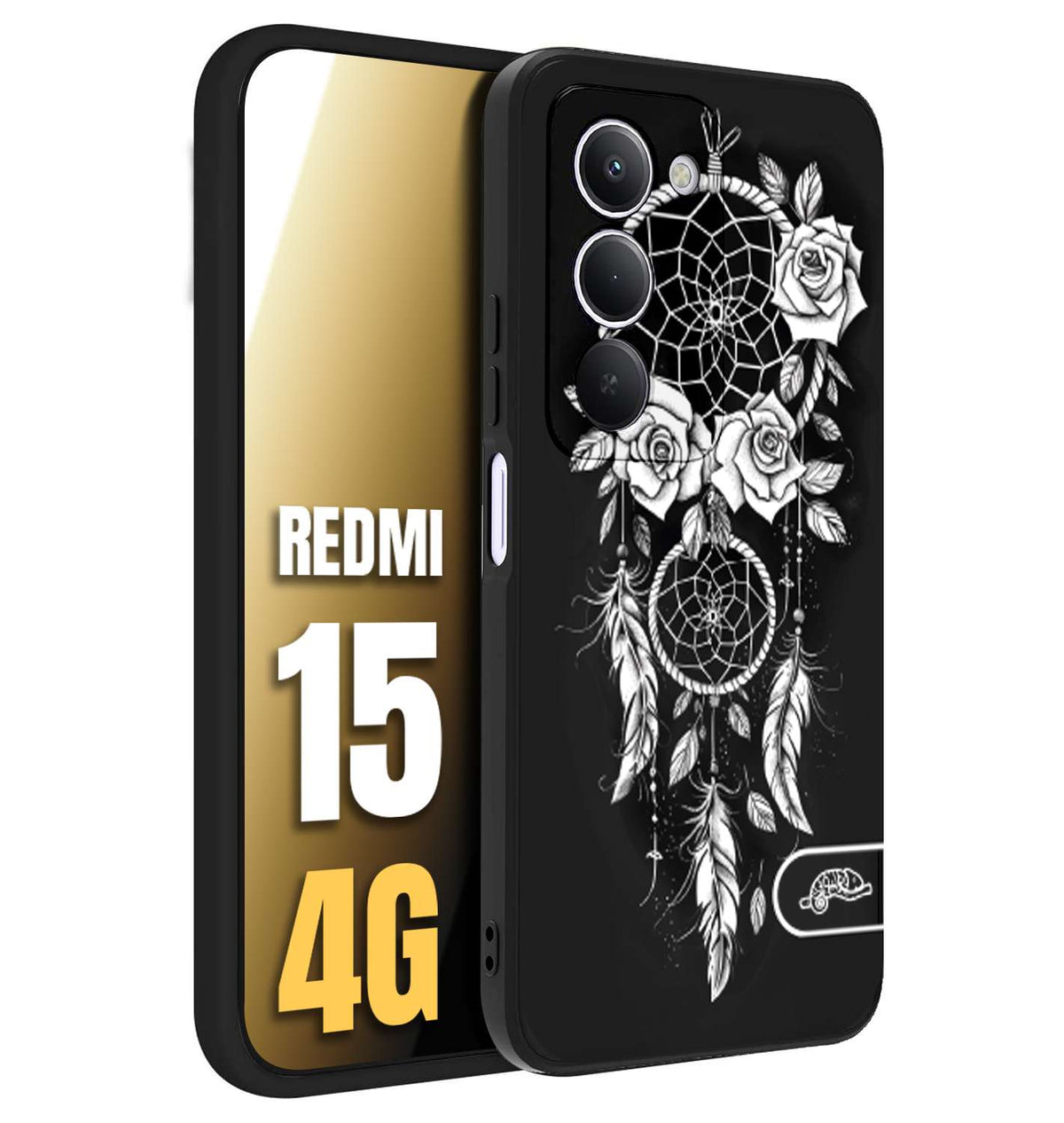 CUSTOMIZZA - Custodia cover nera morbida in tpu compatibile per Xiaomi Redmi 15 4G acchiappasogni dreamcatcher black and white bianco a rilievo disegnato tattoo tatuaggio