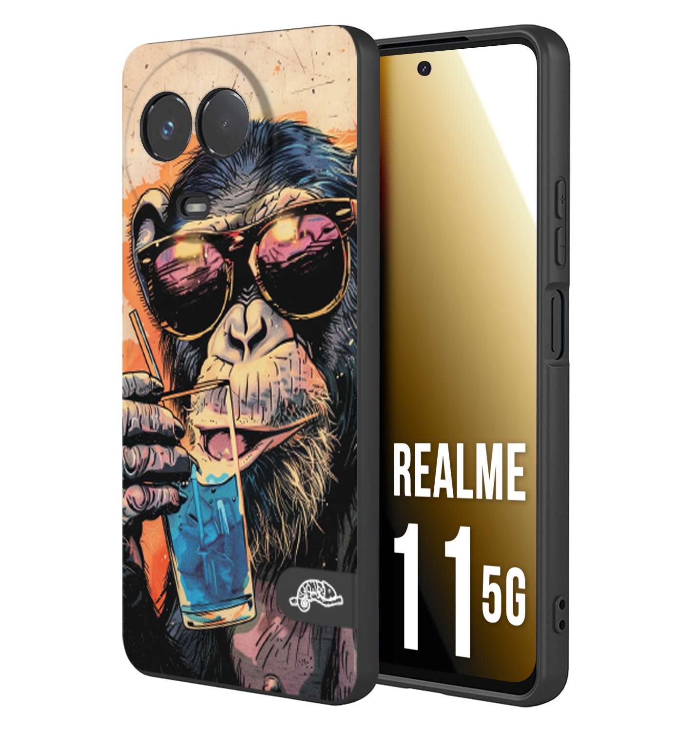 CUSTOMIZZA - Custodia cover nera morbida in tpu compatibile per Oppo Realme 11 5G estate disegnata cocktails animali simpatici scimmia monkey negroni