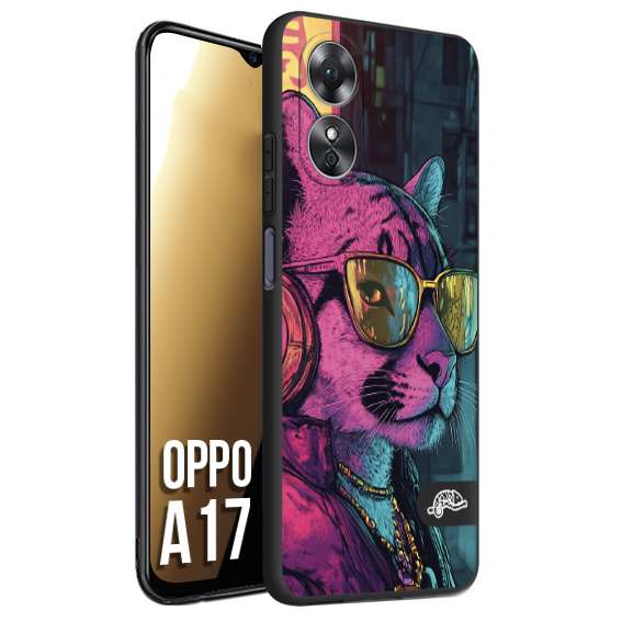CUSTOMIZZA - Custodia cover nera morbida in tpu compatibile per Oppo A17 animali cyberpunk pantera street cat fucsia blu giallo