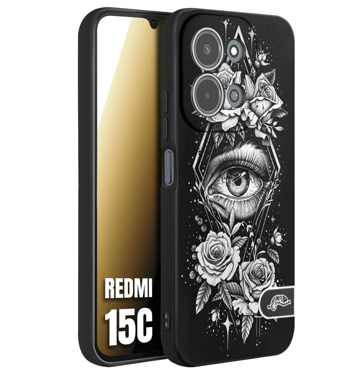 CUSTOMIZZA - Custodia cover nera morbida in tpu compatibile per Xiaomi Redmi 15C occhio fiori rombo geometrico black and white bianco a rilievo disegnato tattoo tatuaggio