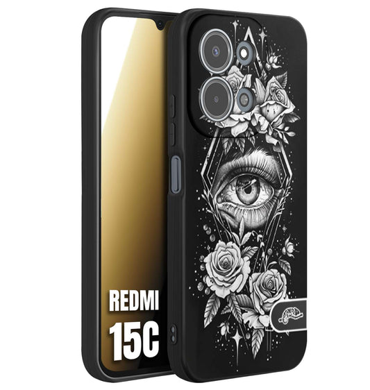 CUSTOMIZZA - Custodia cover nera morbida in tpu compatibile per Xiaomi Redmi 15C occhio fiori rombo geometrico black and white bianco a rilievo disegnato tattoo tatuaggio