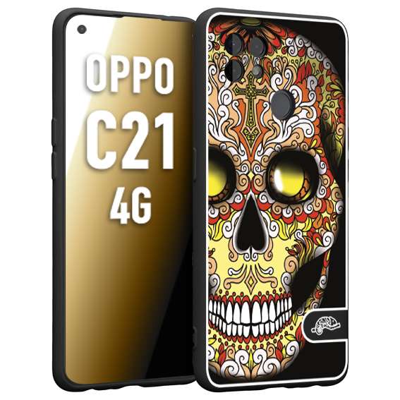 CUSTOMIZZA - Custodia cover nera morbida in tpu compatibile per Realme C21 4G teschio messicano Mexican skull giallo rosso arancio