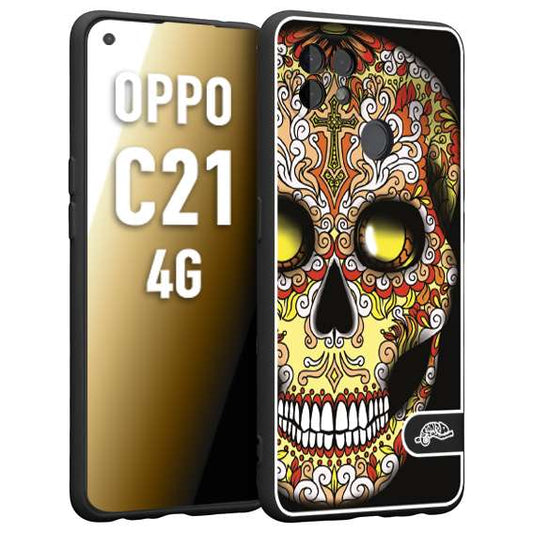 CUSTOMIZZA - Custodia cover nera morbida in tpu compatibile per Realme C21 4G teschio messicano Mexican skull giallo rosso arancio