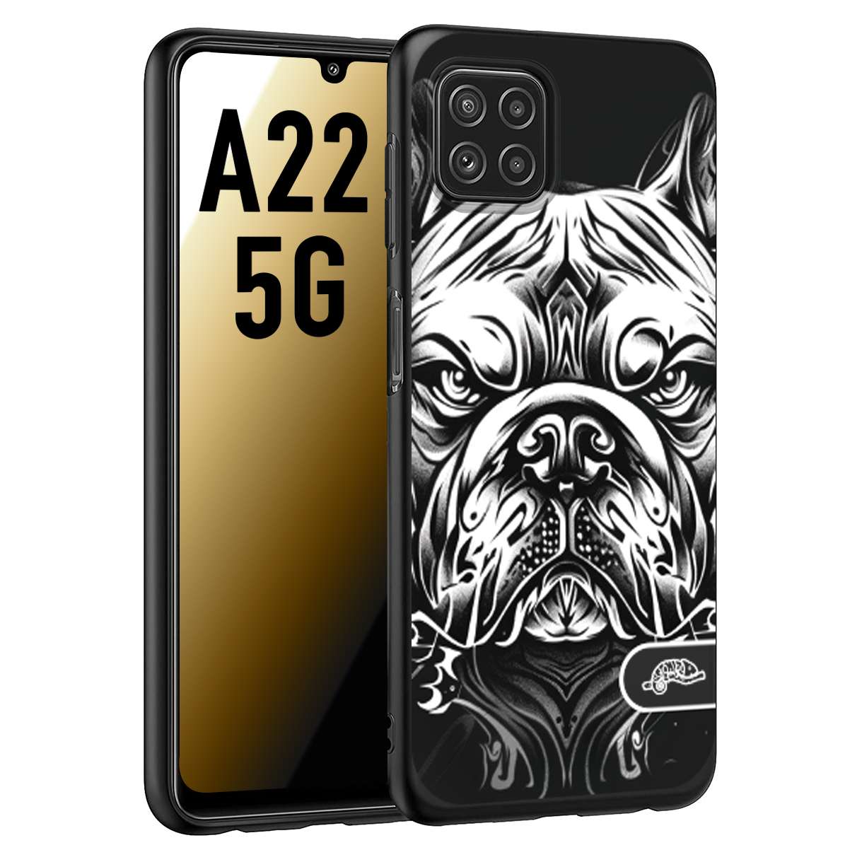 CUSTOMIZZA - Custodia cover nera morbida in tpu compatibile per Samsung A22 5G bulldog bianco a rilievo disegnato tattoo tatuaggio