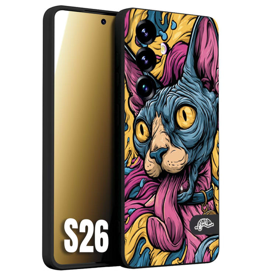 CUSTOMIZZA - Custodia cover nera morbida in tpu compatibile per Samsung S26 Sphynx Colorato Pop Art Psichedelico Gatto Blu Rosa Giallo Artistica Fantasy