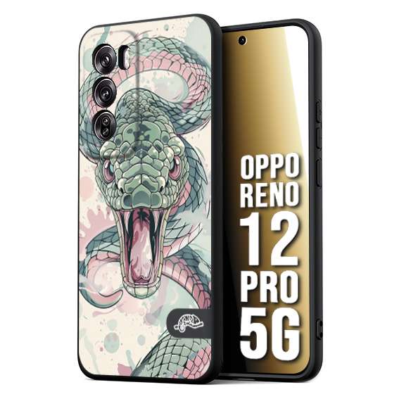 CUSTOMIZZA - Custodia cover nera morbida in tpu compatibile per Oppo Reno 12 PRO 5G snake pink green serpente tatuaggio tattoo disegnato a mano