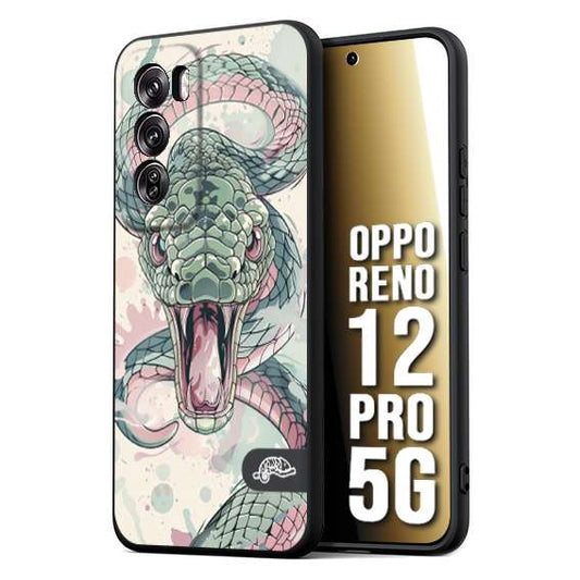 CUSTOMIZZA - Custodia cover nera morbida in tpu compatibile per Oppo Reno 12 PRO 5G snake pink green serpente tatuaggio tattoo disegnato a mano