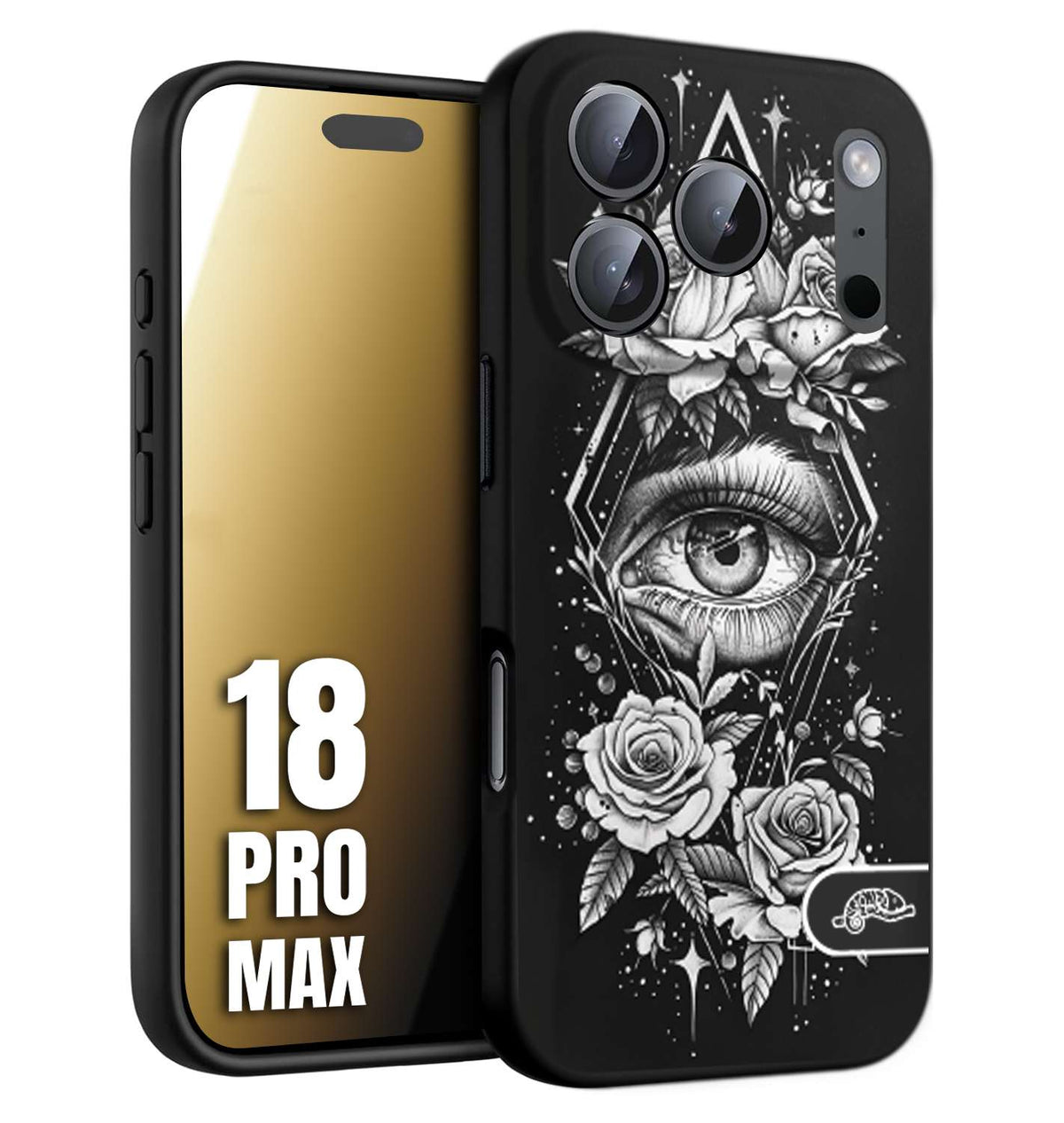CUSTOMIZZA - Custodia cover nera morbida in tpu compatibile per iPhone 18 PRO MAX occhio fiori rombo geometrico black and white bianco a rilievo disegnato tattoo tatuaggio