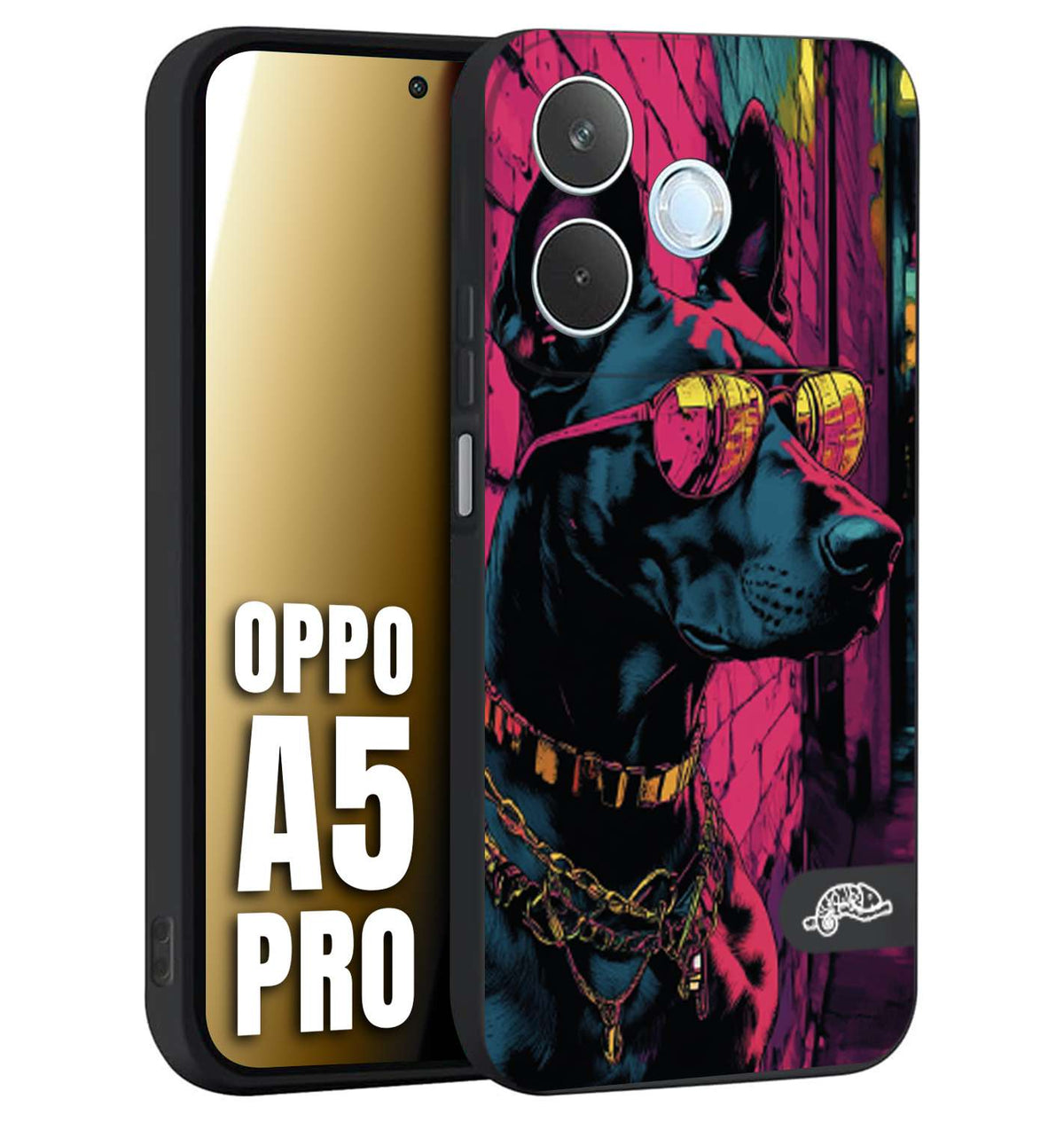 CUSTOMIZZA - Custodia cover nera morbida in tpu compatibile per Oppo A5 PRO animali cyberpunk dobermann cane street dog fucsia blu