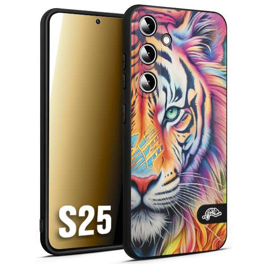 CUSTOMIZZA - Custodia cover nera morbida in tpu compatibile per Samsung S25 animali color tigre tiger viso colori vibranti disegnato schizzo