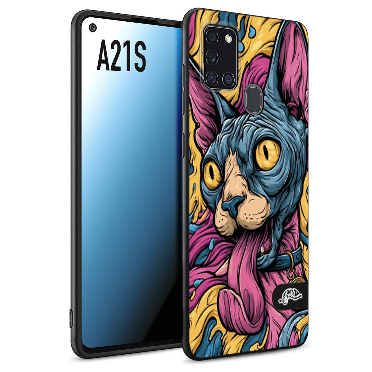CUSTOMIZZA - Custodia cover nera morbida in tpu compatibile per Samsung A21S Sphynx Colorato Pop Art Psichedelico Gatto Blu Rosa Giallo Artistica Fantasy