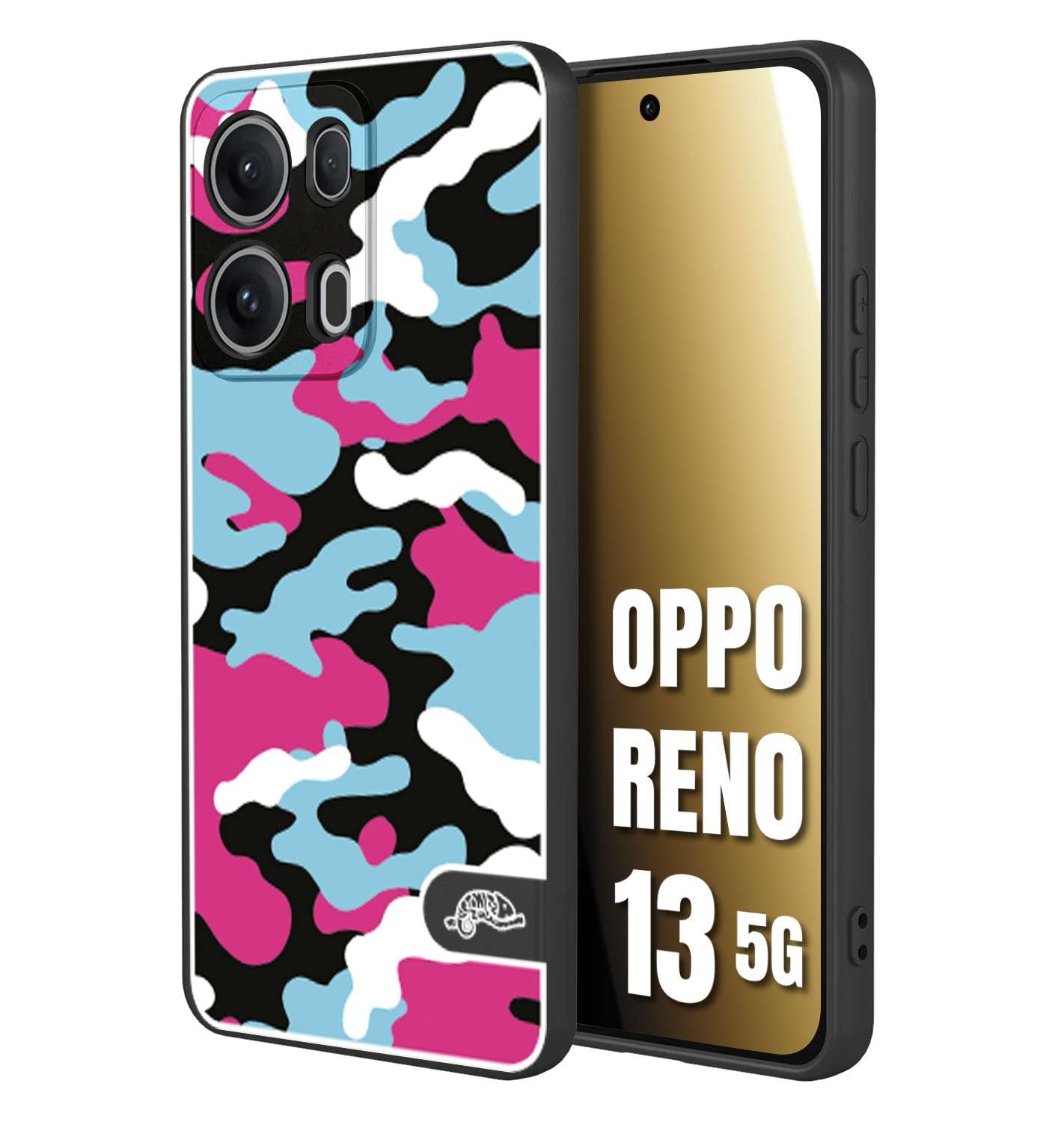 CUSTOMIZZA - Custodia cover nera morbida in tpu compatibile per Oppo Reno 13 5G camouflage mimetico militare fucsia celeste