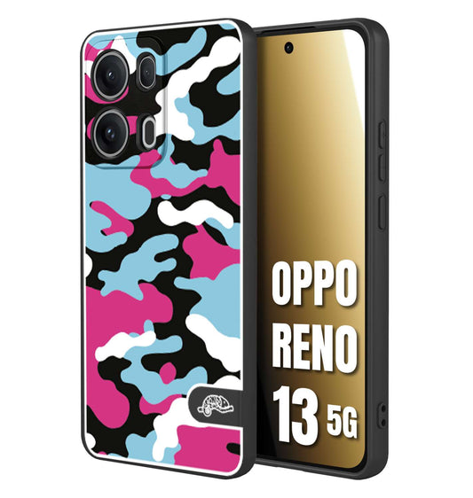 CUSTOMIZZA - Custodia cover nera morbida in tpu compatibile per Oppo Reno 13 5G camouflage mimetico militare fucsia celeste