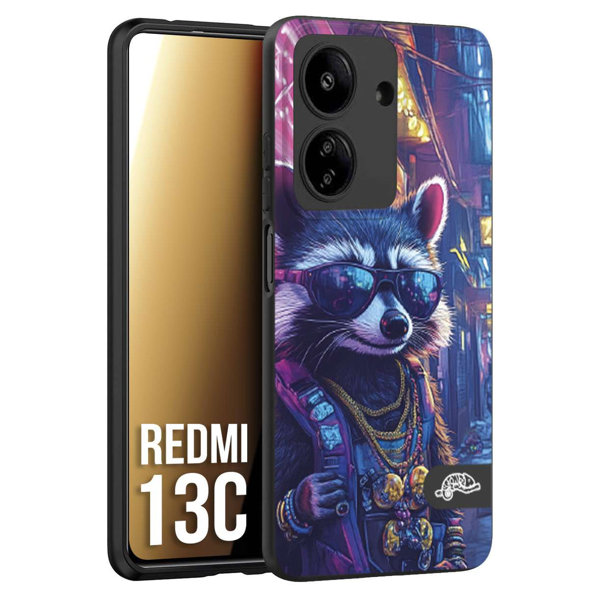 CUSTOMIZZA - Custodia cover nera morbida in tpu compatibile per Xiaomi Redmi 13C animali simpatici cyberpunk procione racoon street cat fucsia blu giallo