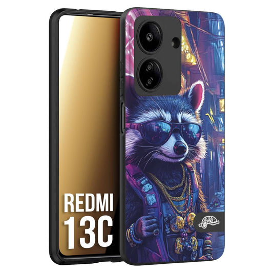 CUSTOMIZZA - Custodia cover nera morbida in tpu compatibile per Xiaomi Redmi 13C animali simpatici cyberpunk procione racoon street cat fucsia blu giallo