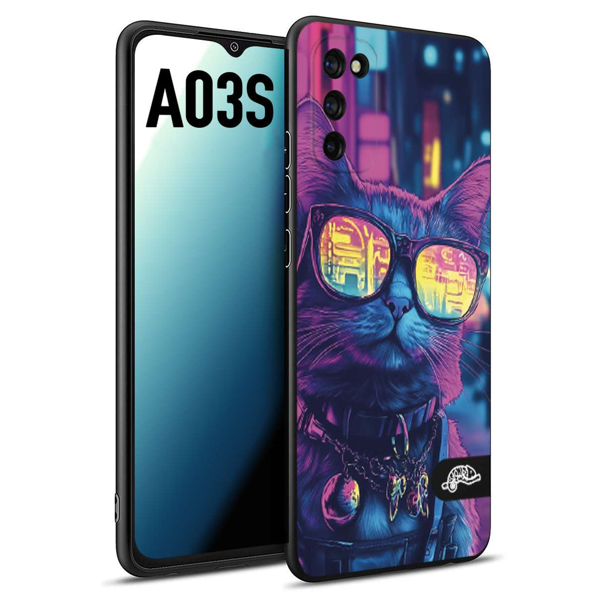 CUSTOMIZZA - Custodia cover nera morbida in tpu compatibile per Samsung A03S animali cyberpunk gatto street cat fucsia blu giallo