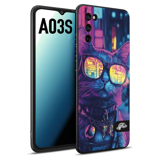 CUSTOMIZZA - Custodia cover nera morbida in tpu compatibile per Samsung A03S animali cyberpunk gatto street cat fucsia blu giallo
