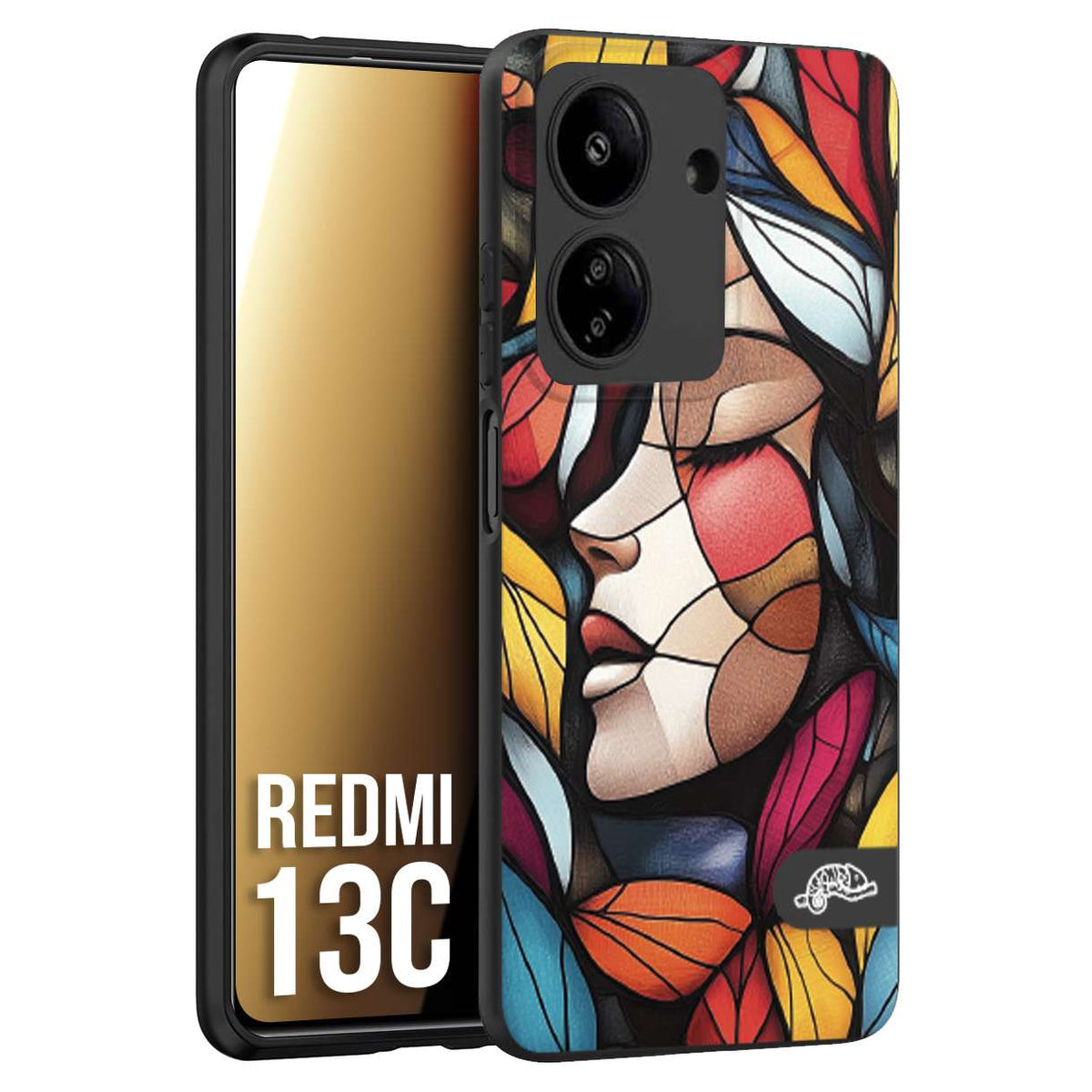 CUSTOMIZZA - Custodia cover nera morbida in tpu compatibile per Xiaomi Redmi 13C Vetrata artistica volto di donna profilo fogliare mosaico di vetro colorato