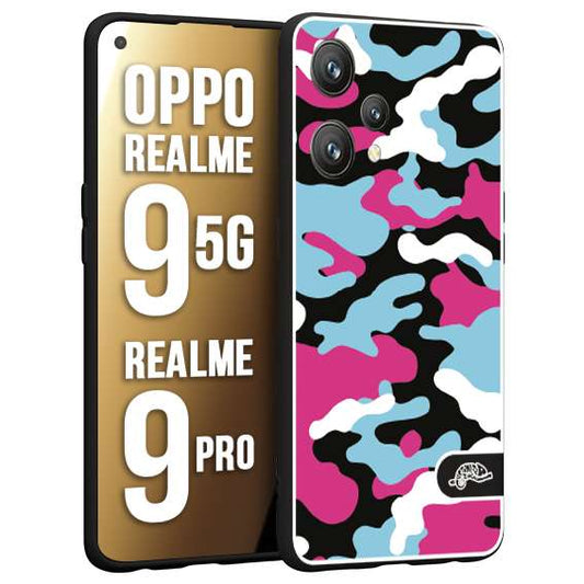 CUSTOMIZZA - Custodia cover nera morbida in tpu compatibile per Realme 9 5G - 9 PRO camouflage mimetico militare fucsia celeste