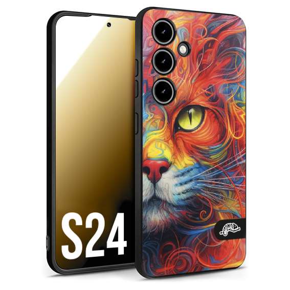 CUSTOMIZZA - Custodia cover nera morbida in tpu compatibile per Samsung S24 animali color cat gatto viso colori vibranti disegnato schizzo