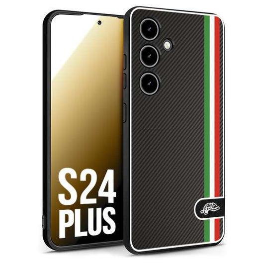 CUSTOMIZZA - Custodia cover nera morbida in tpu compatibile per Samsung S24 PLUS effetto fibra di carbonio bandiera Italia made in Italy