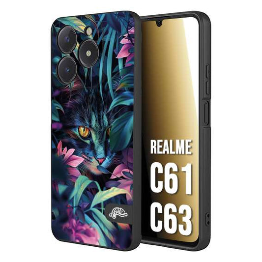 CUSTOMIZZA - Custodia cover nera morbida in tpu compatibile per Oppo C61 - C63 animali color giungla tropicale occhio di gatto colori vibranti disegnato