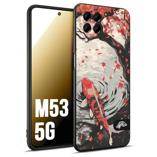 CUSTOMIZZA - Custodia cover nera morbida in tpu compatibile per Samsung M53 5G giapponese lago carpa koi rossa con foglie d'acero rosso disegnata tattoo