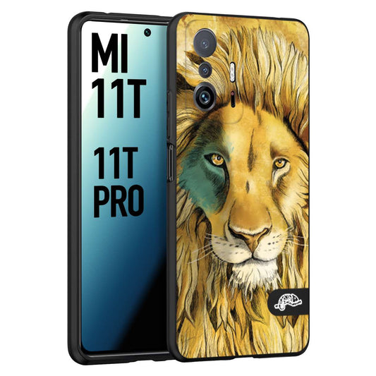 CUSTOMIZZA - Custodia cover nera morbida in tpu compatibile per Xiaomi Mi 11T - Mi 11T PRO leone lion disegnato a mano giallo blu a rilievo artistico brown
