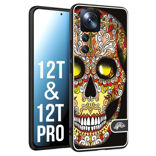 CUSTOMIZZA - Custodia cover nera morbida in tpu compatibile per Xiaomi 12T - 12T PRO teschio messicano Mexican skull giallo rosso arancio