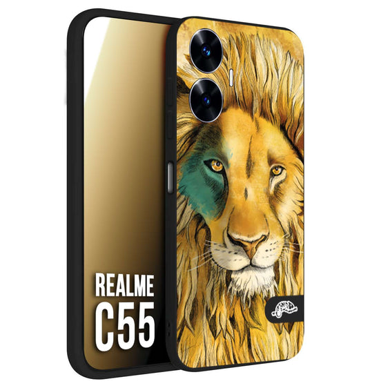 CUSTOMIZZA - Custodia cover nera morbida in tpu compatibile per Oppo C55 leone lion disegnato a mano giallo blu a rilievo artistico brown