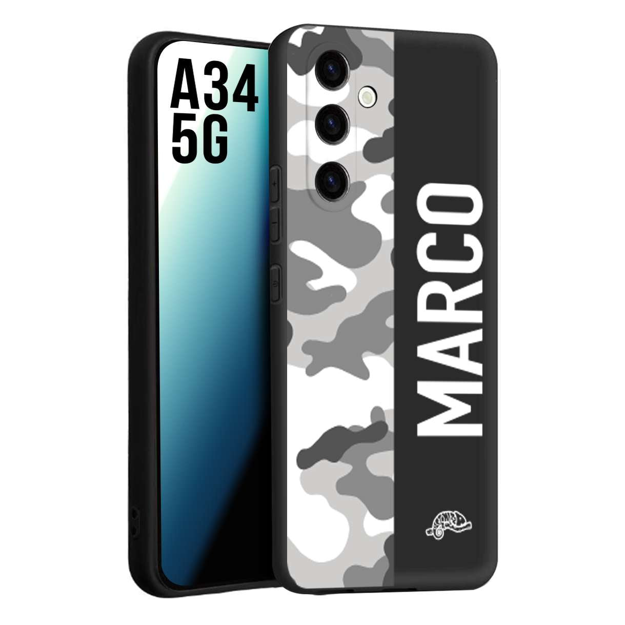 CUSTOMIZZA - Custodia cover nera morbida in tpu compatibile per Samsung A34 5G camouflage mimetico militare personalizzata nome bianco