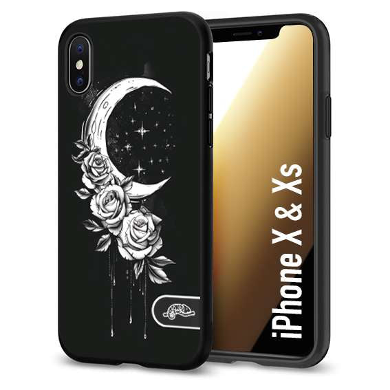 CUSTOMIZZA - Custodia cover nera morbida in tpu compatibile per iPhone X - Xs luna e fiori moon flowers black and white bianco a rilievo disegnato tattoo tatuaggio