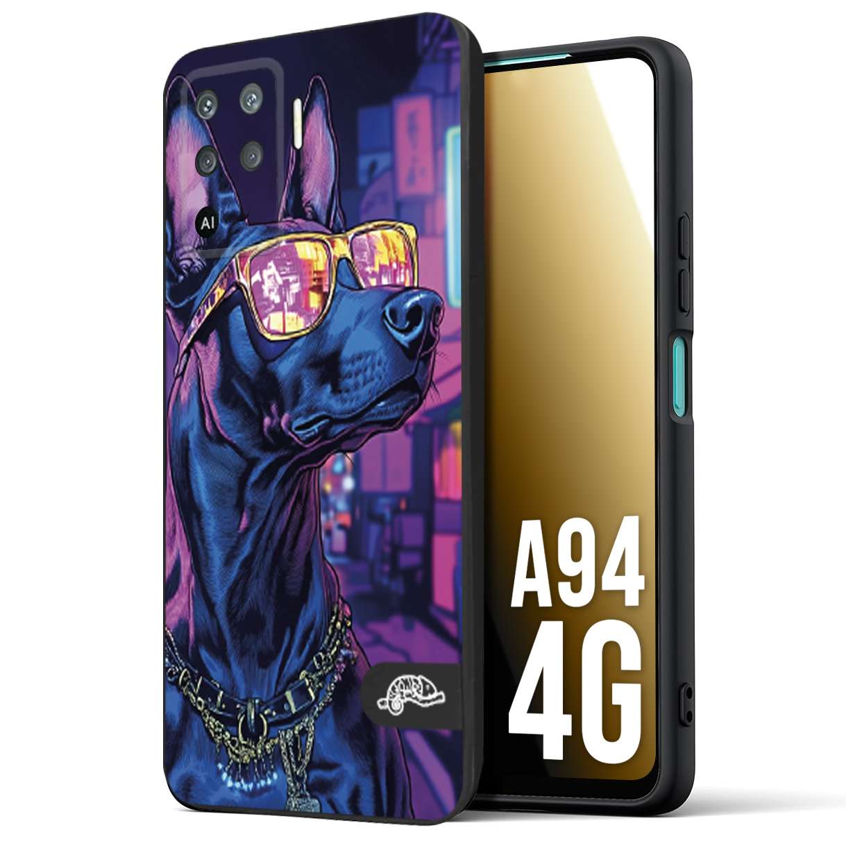 CUSTOMIZZA - Custodia cover nera morbida in tpu compatibile per Oppo A94 4G animali cyberpunk dobermann cane street dog fucsia blu night