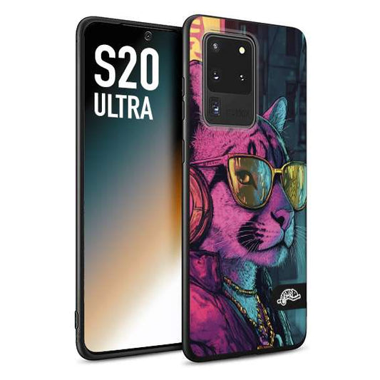CUSTOMIZZA - Custodia cover nera morbida in tpu compatibile per Samsung S20 ULTRA animali cyberpunk pantera street cat fucsia blu giallo