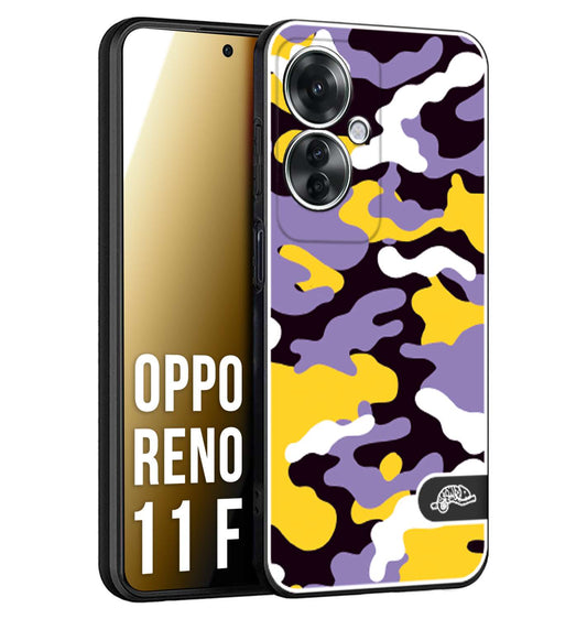 CUSTOMIZZA - Custodia cover nera morbida in tpu compatibile per Oppo Reno 11 F 5G camouflage mimetico militare viola lilla giallo